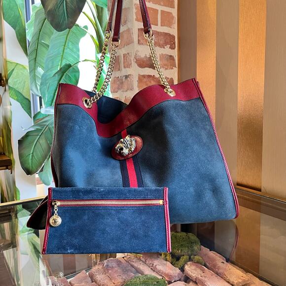 GUCCI Rajah Large Blue Suede Tote Bag - Picture 1 of 15